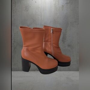 SHEIN Brown Platform Mid-Calf Chunky Heel Zip Boots